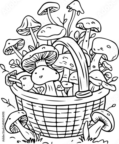 monochromatic illustration of basket with mushrooms