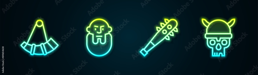 Set line Hunting horn, Viking head, Mace with spikes and Skull viking helmet. Glowing neon icon. Vector Set line Hunting horn, Viking head, Mace with spikes and Skull viking helmet. Glowing neon icon. Vector