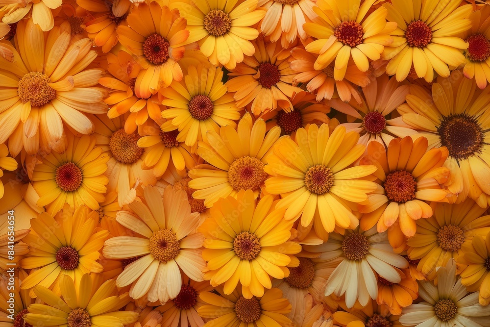 Beautiful close-up of vibrant orange daisies in full bloom, creating a stunning floral pattern and natural texture, perfect for a botanical, summer-themed background or wallpaper decoration Beautiful close-up of vibrant orange daisies in full bloom, creating a stunning floral pattern and natural texture, perfect for a botanical, summer-themed background or wallpaper decoration