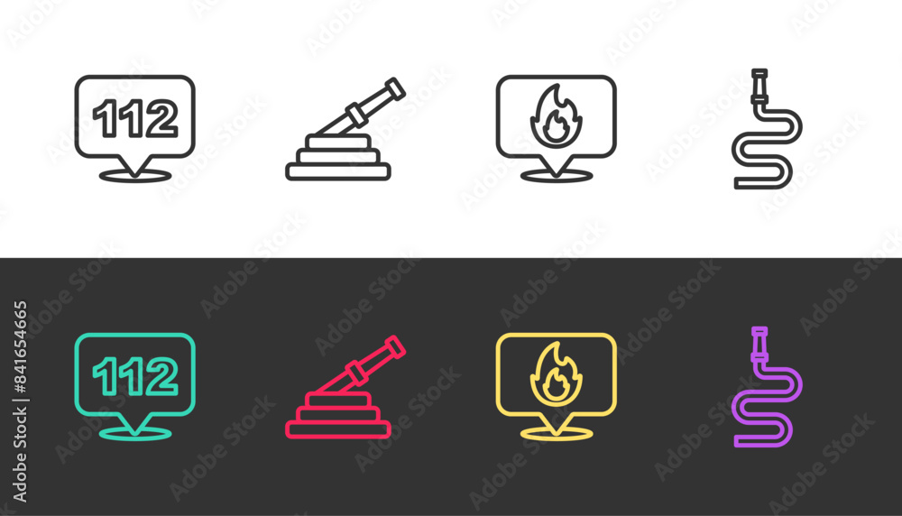 Set line Emergency call, Fire hose reel, Location with fire flame and on black and white. Vector Set line Emergency call, Fire hose reel, Location with fire flame and on black and white. Vector