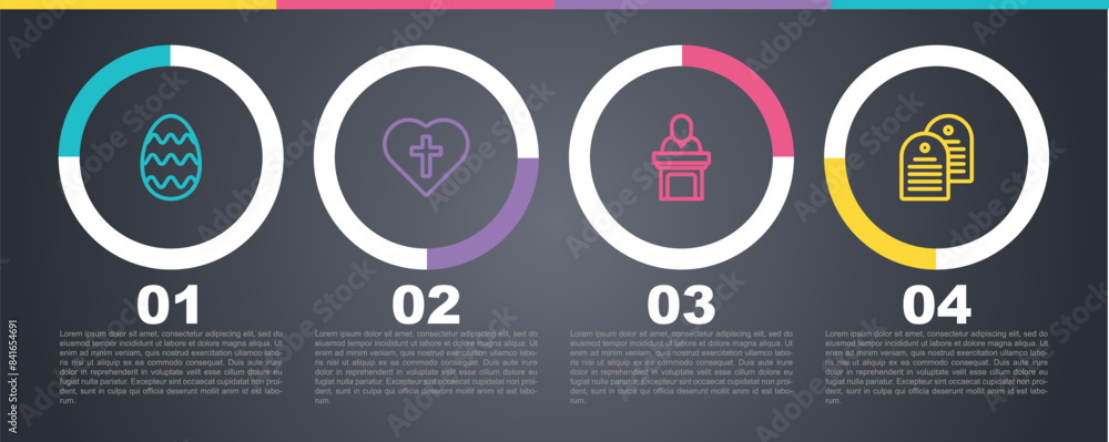 Set line Easter egg, Christian cross in heart, Church pastor preaching and Holy bible book. Business infographic template. Vector Set line Easter egg, Christian cross in heart, Church pastor preaching and Holy bible book. Business infographic template. Vector