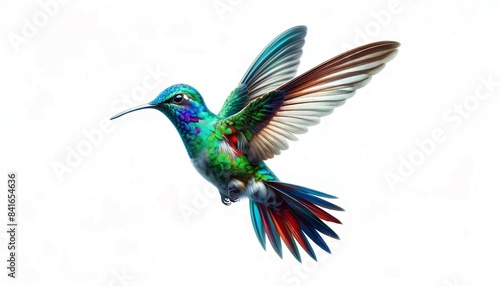 Majestic broad billed Hummingbird in flight on a white background