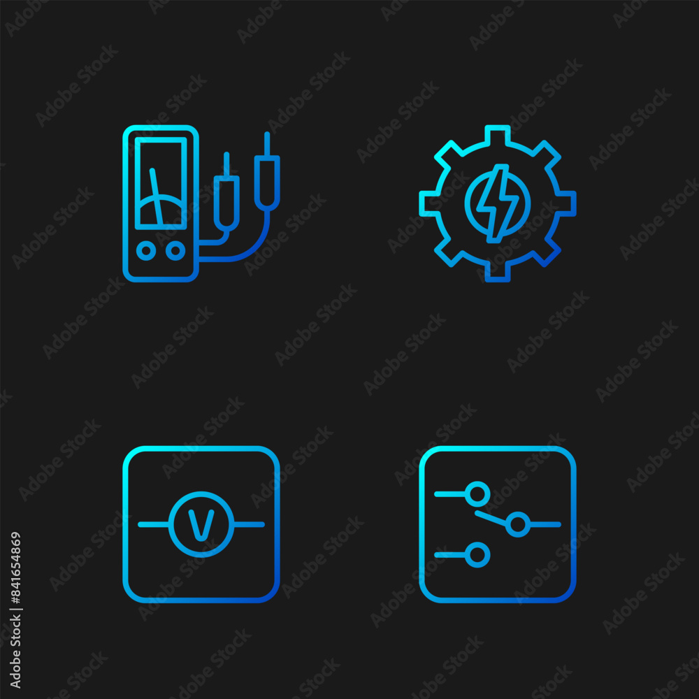 Set line Switch in electronic circuit, Voltmeter, Ampere meter, multimeter and Gear and lightning. Gradient color icons. Vector Set line Switch in electronic circuit, Voltmeter, Ampere meter, multimeter and Gear and lightning. Gradient color icons. Vector