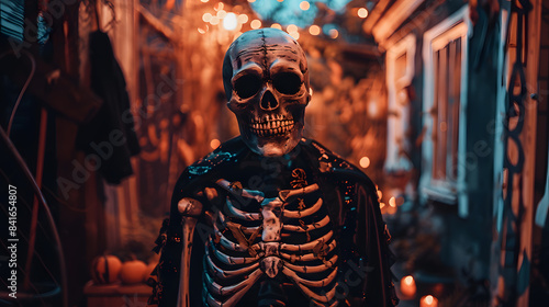 skeleton costume, spooky, hallowen, natural light, night
