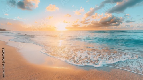 A serene beach with gentle waves and a setting sun casting a warm glow. 