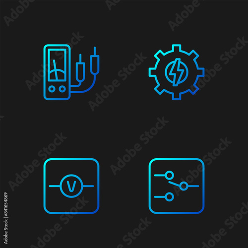 Set line Switch in electronic circuit, Voltmeter, Ampere meter, multimeter and Gear and lightning. Gradient color icons. Vector