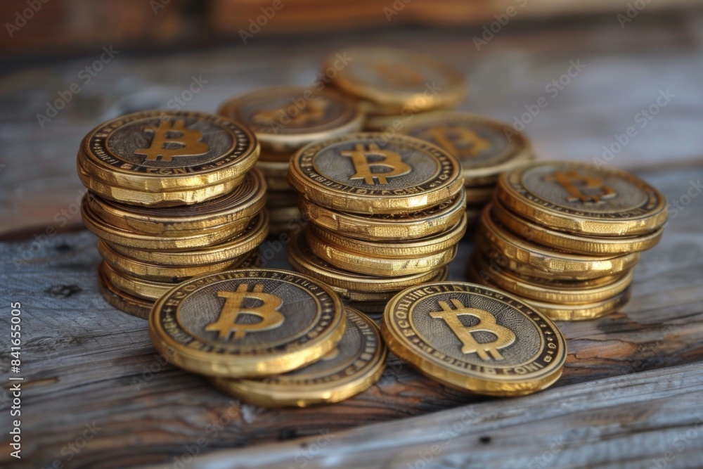 Bitcoin Coins Stacked on Wooden Table Bitcoin Coins Stacked on Wooden Table