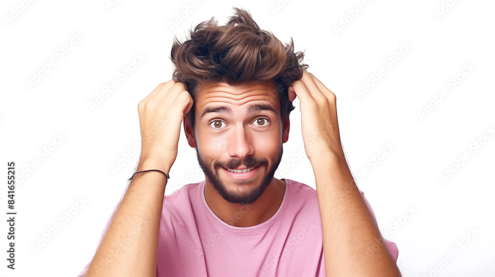 A confident millennial man with hands on his head, smiling, looking at the camera, isolated on white, with a solid colored background A confident millennial man with hands on his head, smiling, looking at the camera, isolated on white, with a solid colored background