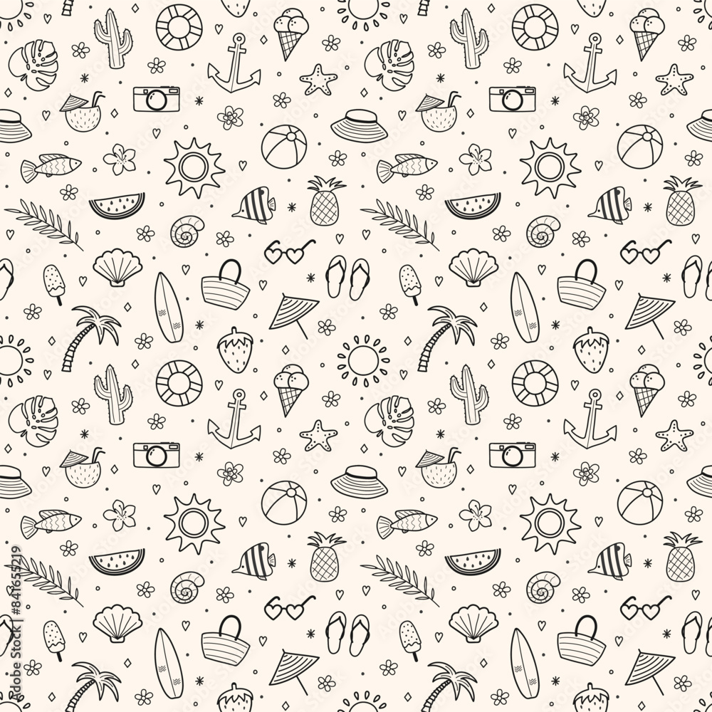 Colourful summer pattern. Background with hand drawn holiday icons. Vector illustration Colourful summer pattern. Background with hand drawn holiday icons. Vector illustration