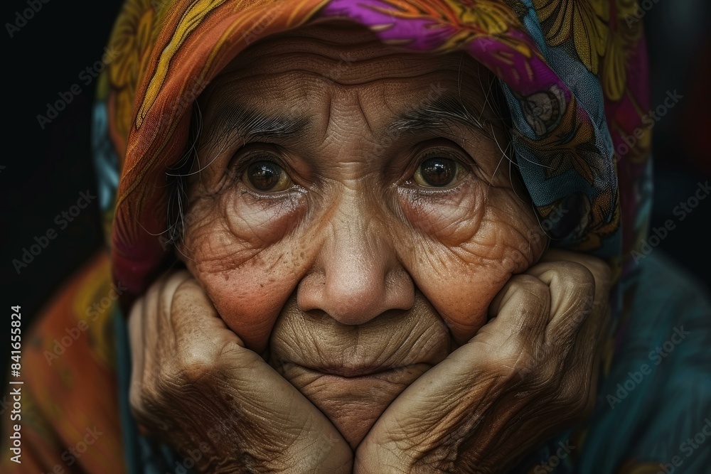 Close-up of a pensive senior woman with wrinkles and a colorful headscarf resting her chin on her hands Close-up of a pensive senior woman with wrinkles and a colorful headscarf resting her chin on her hands