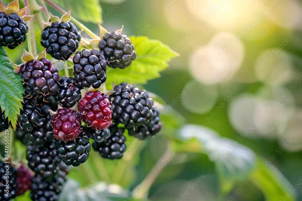 A close-up of a cluster of ripe blackberries, with a soft, blurred background of a berry bush providing ample copy space A close-up of a cluster of ripe blackberries, with a soft, blurred background of a berry bush providing ample copy space