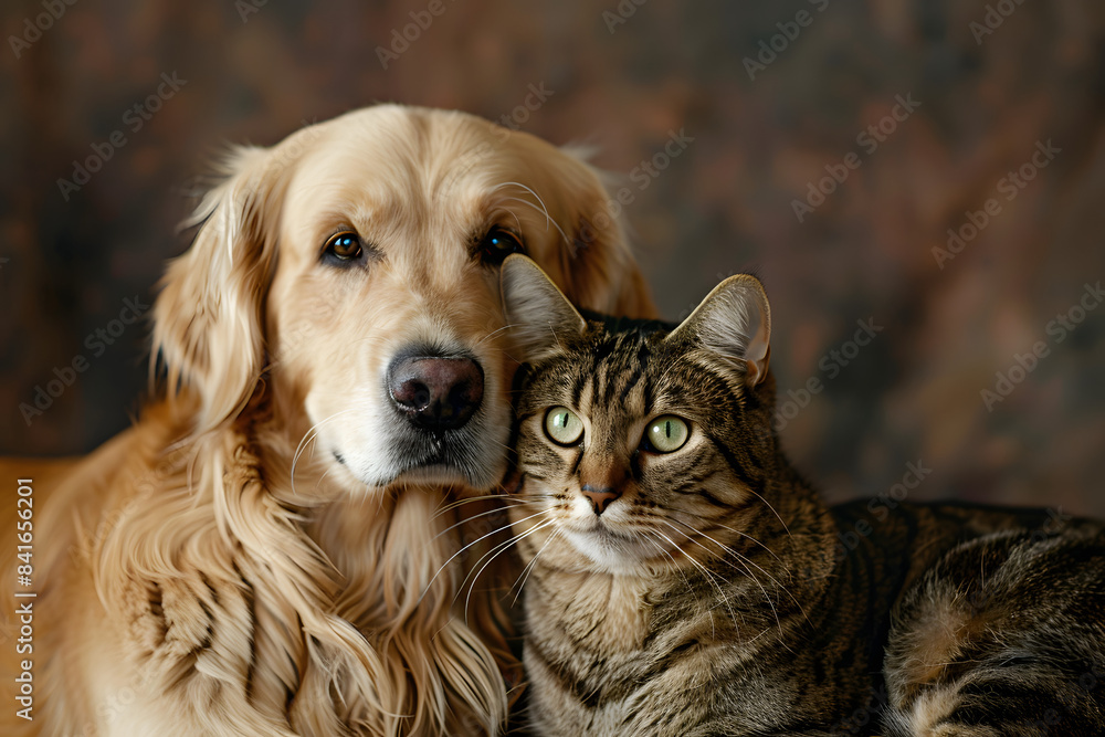 A close-up of a golden retriever and a tabby cat sitting together, with a soft, blurred background providing plenty of copy space for pet-related content A close-up of a golden retriever and a tabby cat sitting together, with a soft, blurred background providing plenty of copy space for pet-related content