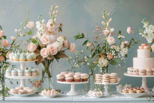 Elegant Dessert Table with Assorted Sweets and Floral Decorations for Special Occasions © spyrakot