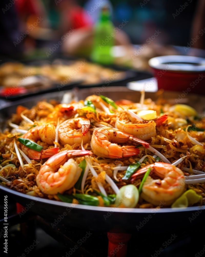 A plate of shrimp and vegetables is served in a wok A plate of shrimp and vegetables is served in a wok