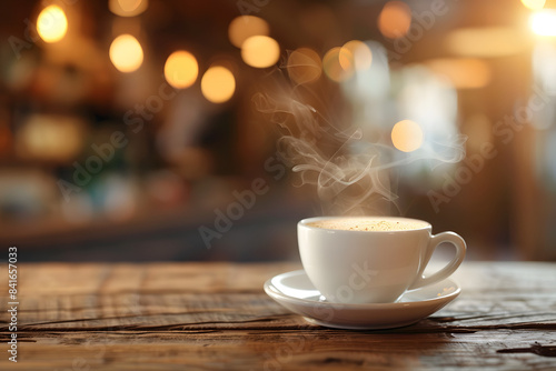 A close-up of a fresh croissant and a steaming cup of coffee on a wooden table  with a blurred caf   background providing ample copy space 