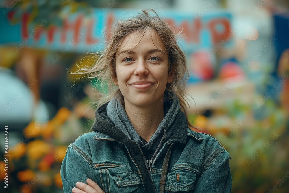 Casual woman smiling at outdoor market Casual woman smiling at outdoor market