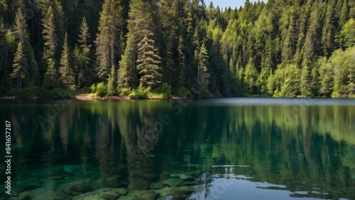 A serene lake surrounded by dense forest, reflecting the calm water and natural beauty, under a bright blue sky with fluffy white clouds.