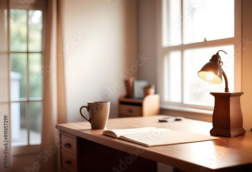 Minimal Scandinavian contemporary empty wooden table with sunlight. Simplistic Home office, Cafe, office and library