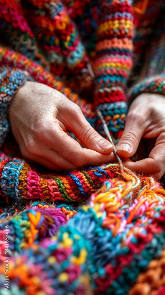 Closeup of hands skillfully knitting a bright, multicolored scarf, with various yarns and needles arranged neatly, showcasing the detail and artistry of the craft Closeup of hands skillfully knitting a bright, multicolored scarf, with various yarns and needles arranged neatly, showcasing the detail and artistry of the craft
