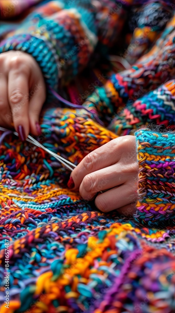 Closeup of hands skillfully knitting a bright, multicolored scarf, with various yarns and needles arranged neatly, showcasing the detail and artistry of the craft Closeup of hands skillfully knitting a bright, multicolored scarf, with various yarns and needles arranged neatly, showcasing the detail and artistry of the craft