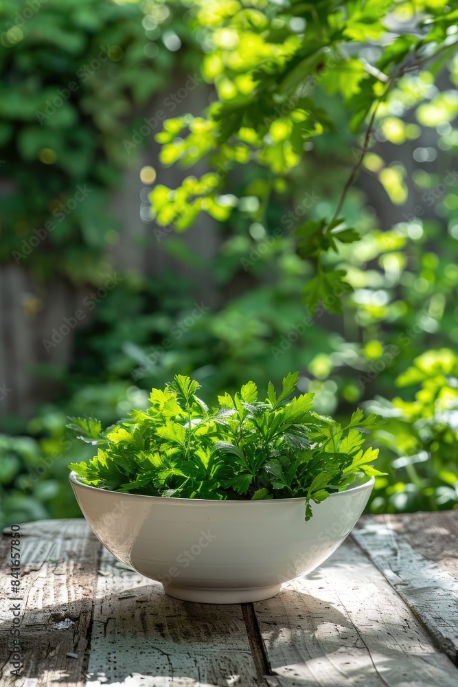 fresh parsley in a bowl in a white bowl on a wooden table. Selective focus fresh parsley in a bowl in a white bowl on a wooden table. Selective focus