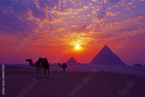 Camels stand before the egyptian pyramids under a breathtaking sunset sky