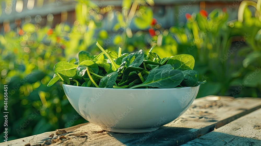 fresh spinach in a bowl in a white bowl on a wooden table. Selective focus fresh spinach in a bowl in a white bowl on a wooden table. Selective focus