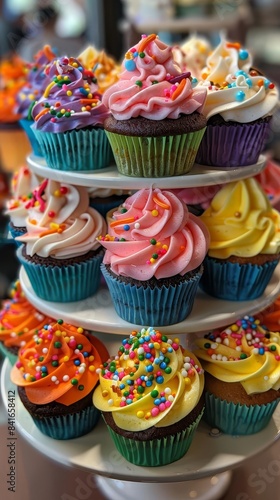 Delightful array of cupcakes with rainbowcolored frosting and fun toppings, creatively stacked on a stylish cake stand, showcasing a whimsical and joyful dessert display