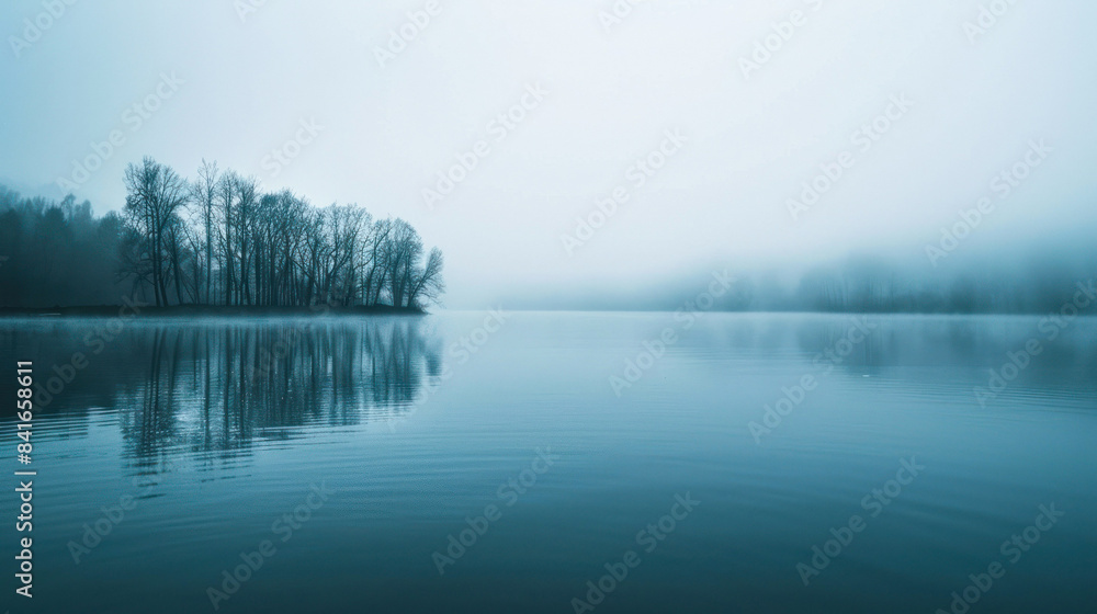 Serene lake with trees and mist Serene lake with trees and mist