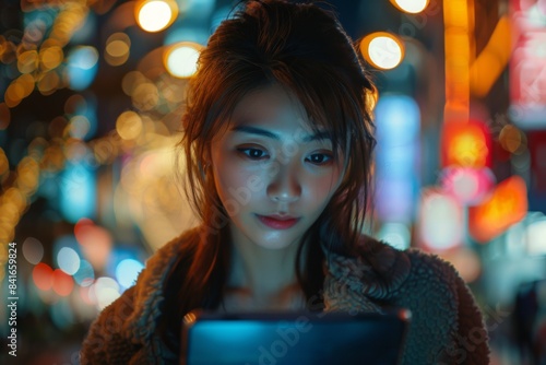 Woman Using Tablet at Night in City