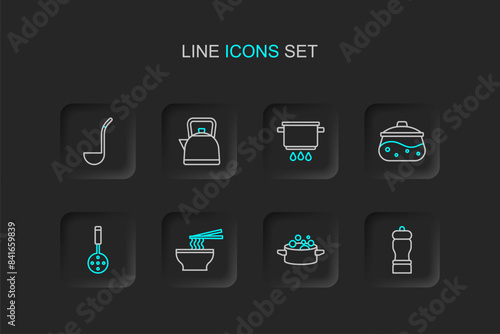 Set line Pepper, Cooking pot, Asian noodles bowl, Spatula, on fire, Kettle with handle and Kitchen ladle icon. Vector