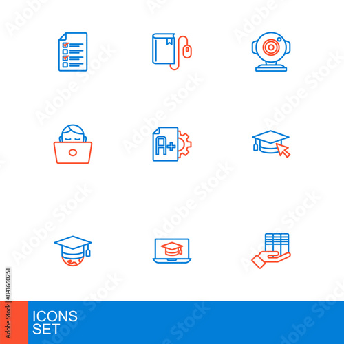 Set line Book donation, Graduation cap laptop, globe, with cursor, Student working, Exam sheet A plus grade, Web camera and Electronic book mouse icon. Vector