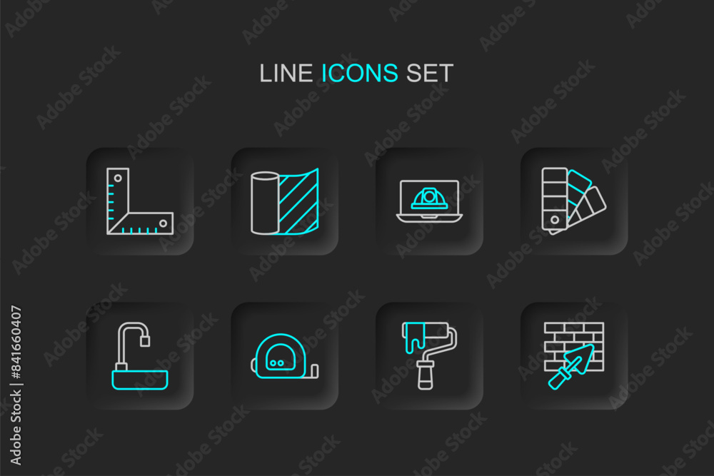 Set line Brick wall with trowel, Paint roller brush, Roulette construction, Washbasin, Color palette guide, Worker safety helmet, Wallpaper and Corner ruler icon. Vector Set line Brick wall with trowel, Paint roller brush, Roulette construction, Washbasin, Color palette guide, Worker safety helmet, Wallpaper and Corner ruler icon. Vector