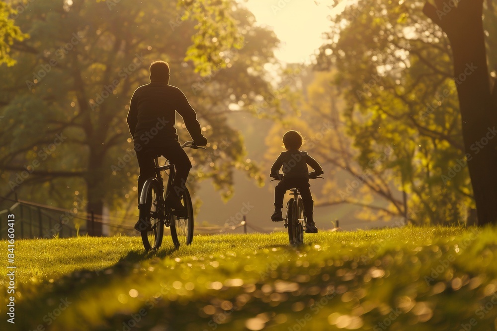 Fototapeta premium Silhouette Of A Father And His Child Riding Their Bikes Together At A Park Father's Day
