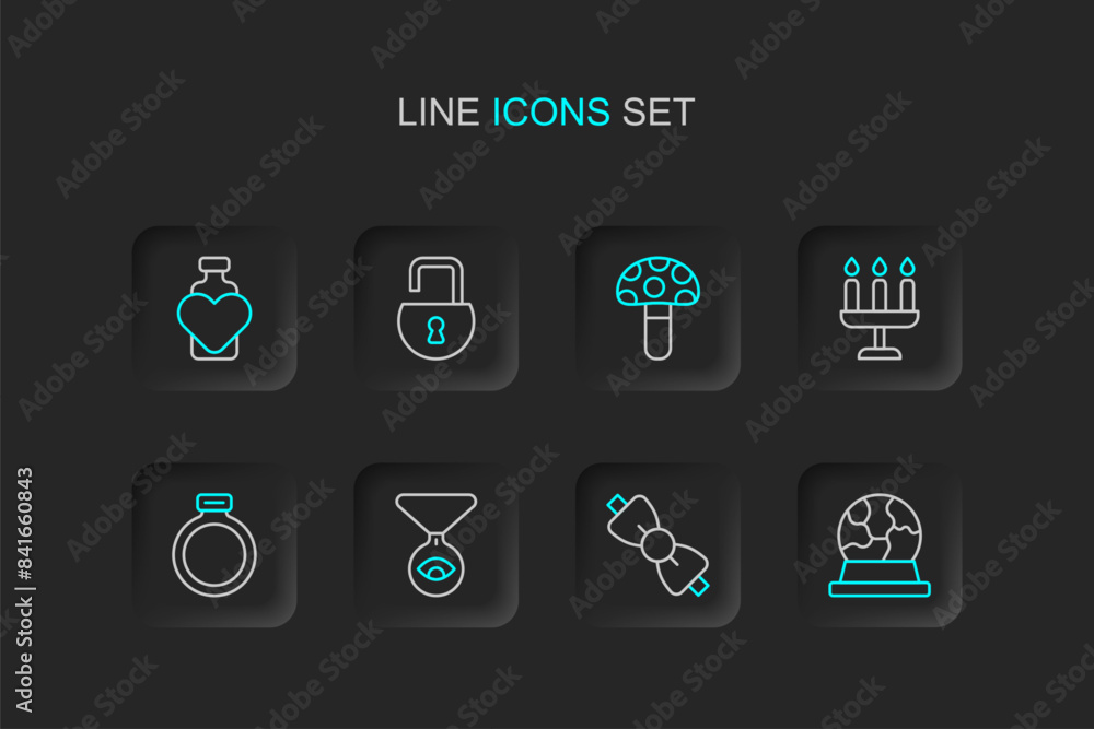 Set line Magic ball, Bow tie, Medallion on chain with eye, stone ring, Candlestick, Psilocybin mushroom, Open padlock and Bottle love potion icon. Vector Set line Magic ball, Bow tie, Medallion on chain with eye, stone ring, Candlestick, Psilocybin mushroom, Open padlock and Bottle love potion icon. Vector