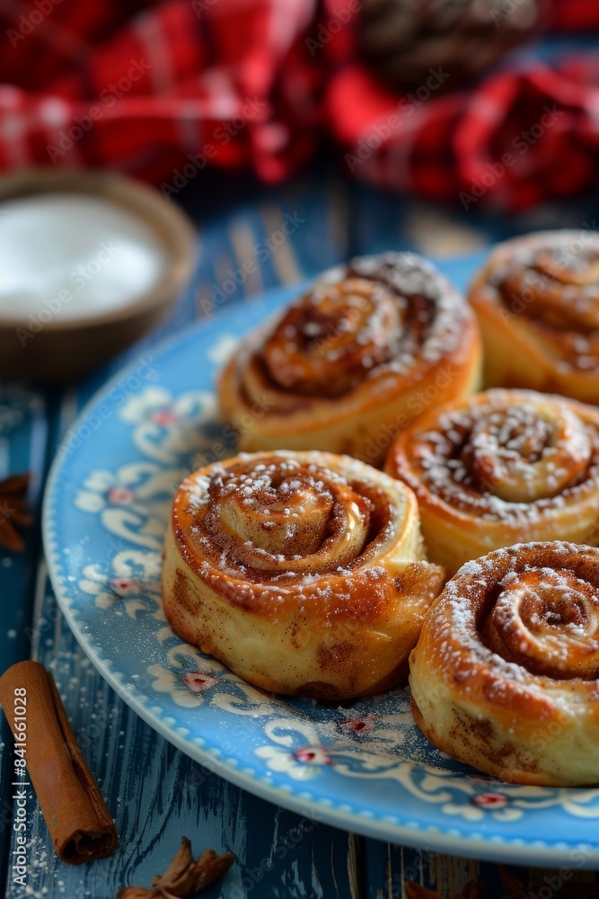 Homemade Cinnamon Rolls on Rustic Blue Table: Tempting Treats Homemade Cinnamon Rolls on Rustic Blue Table: Tempting Treats
