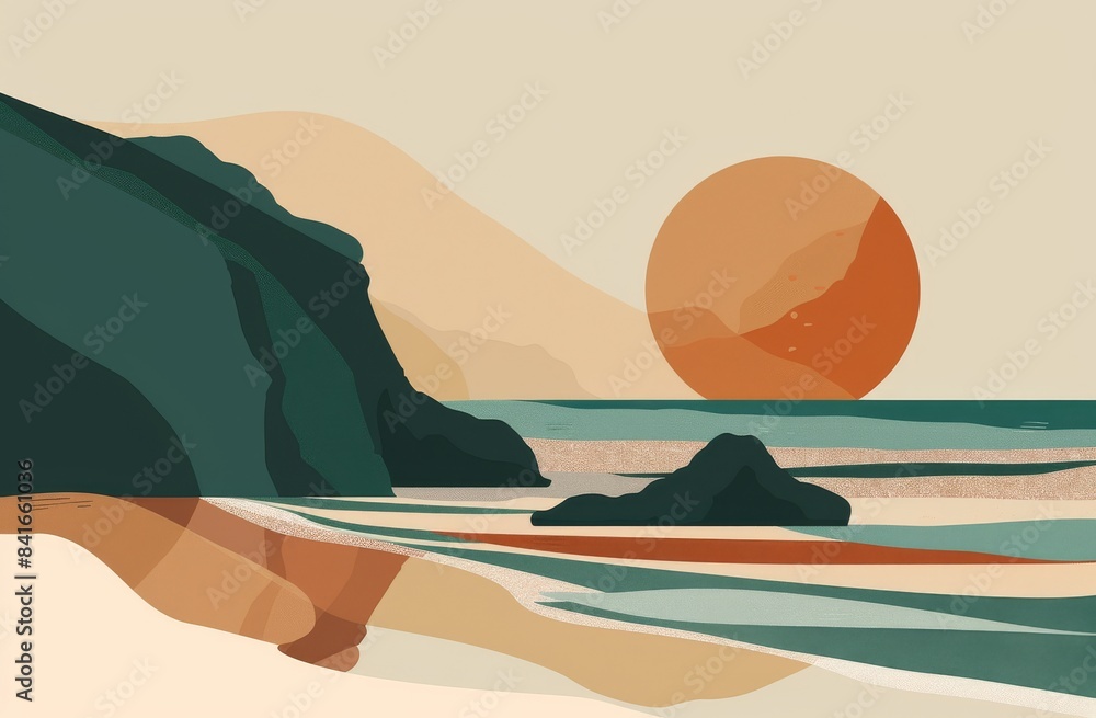 A beach sunset, with rocks and sand in the foreground A beach sunset, with rocks and sand in the foreground