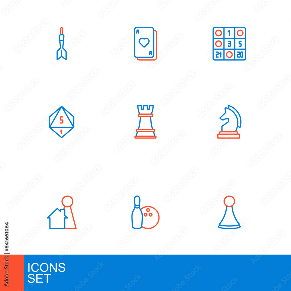 Set line Chip for board game, Bowling pin and ball, Chess, Game dice, Bingo card and Playing cards icon. Vector Set line Chip for board game, Bowling pin and ball, Chess, Game dice, Bingo card and Playing cards icon. Vector