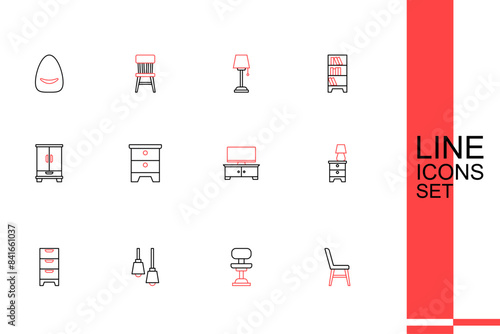 Set line Chair, Office chair, Library bookshelf, Chest of drawers, Furniture nightstand with lamp, TV table, and Wardrobe icon. Vector