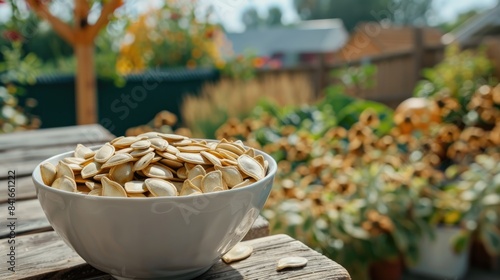 pumpkin seeds in a bowl in a white bowl on a wooden table. Selective focus photo