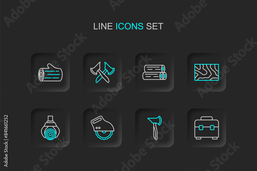 Set line Toolbox, Wooden axe, Electric circular saw, Grapple crane grabbed log, beam, and icon. Vector