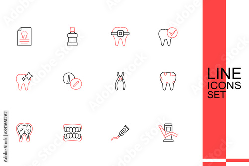 Set line Medical dental chair, Tube of toothpaste, Dentures model, Broken, Dental pliers, Toothache painkiller tablet and whitening icon. Vector