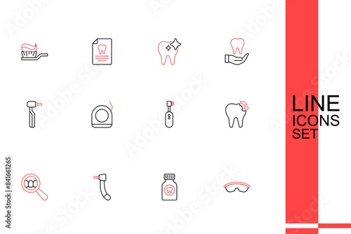 Set line Safety goggle glasses, Toothache painkiller tablet, drill, Dental search, Broken tooth, Electric toothbrush, floss and icon. Vector