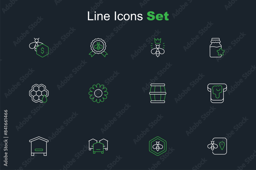Set line Bee location, and honeycomb, Hive for bees, Bread with, Wooden barrel, Flower and Honeycomb icon. Vector Set line Bee location, and honeycomb, Hive for bees, Bread with, Wooden barrel, Flower and Honeycomb icon. Vector