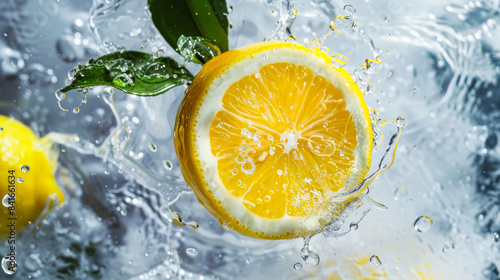 Lemon surrounded by water splash