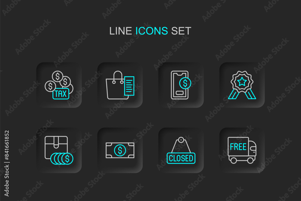 Set line Free delivery service, Hanging sign with text Closed, Stacks paper money cash, Item price tag dollar, Stars rating, Mobile, Shopping list and Tax payment icon. Vector Set line Free delivery service, Hanging sign with text Closed, Stacks paper money cash, Item price tag dollar, Stars rating, Mobile, Shopping list and Tax payment icon. Vector