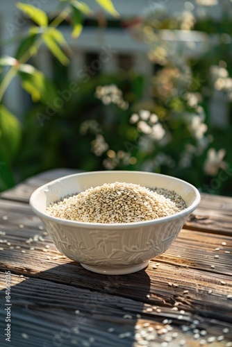 sesame in a bowl in a white bowl on a wooden table. Selective focus