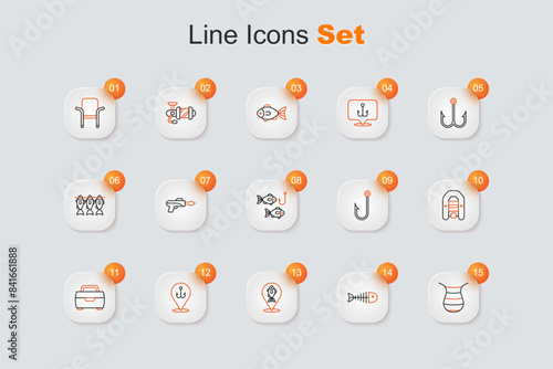 Set line Fishing net, skeleton, Location fishing, hook, Inflatable boat with motor, Fisherman and icon. Vector