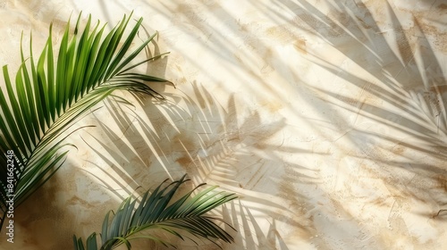 Palm leaf silhouettes set against a wall backdrop, creating a simple yet tropical design, evoke a soothing spa and wellness ambiance
