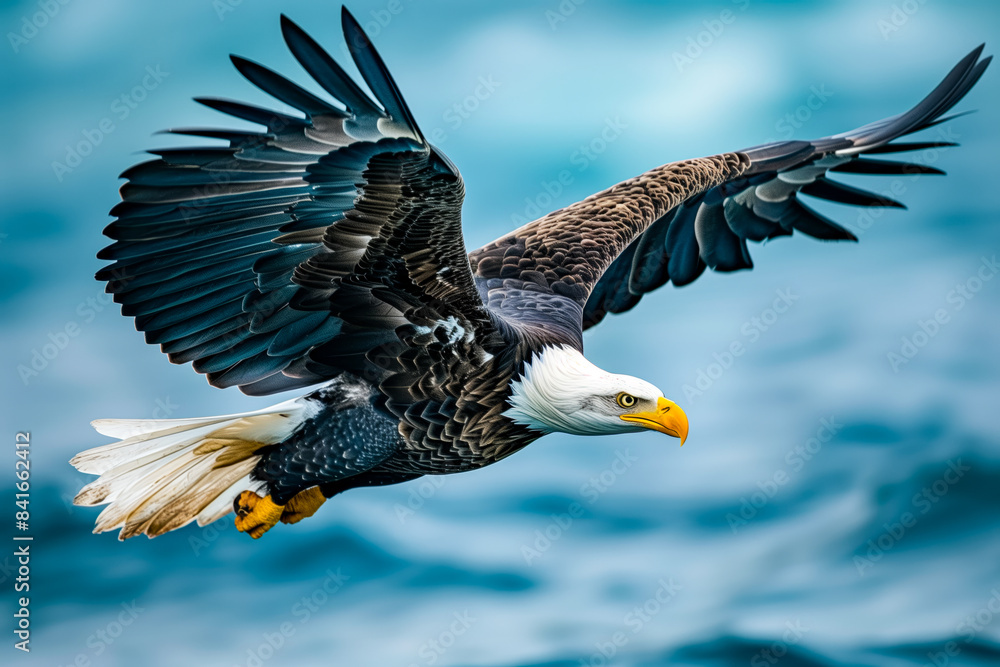 Fototapeta premium Close up of a bald eagle flying over the water surface of a lake